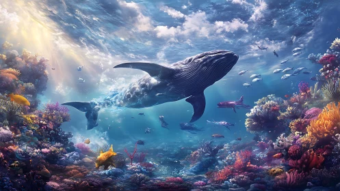 Humpback whale glides through luminous coral reef seascape