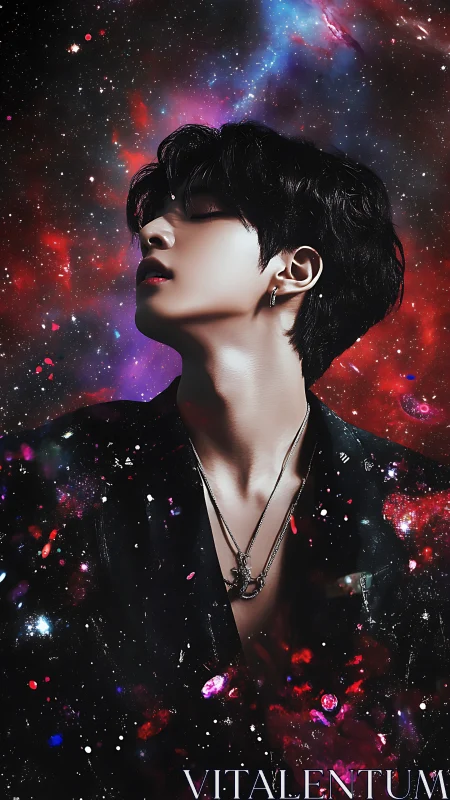 Stargazing portrait merges ethereal cosmos with modern youth.