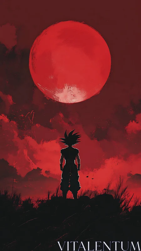 Silhouetted warrior beneath colossal crimson moonscape.