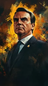 Portrait of suited male figure against abstract yellow field