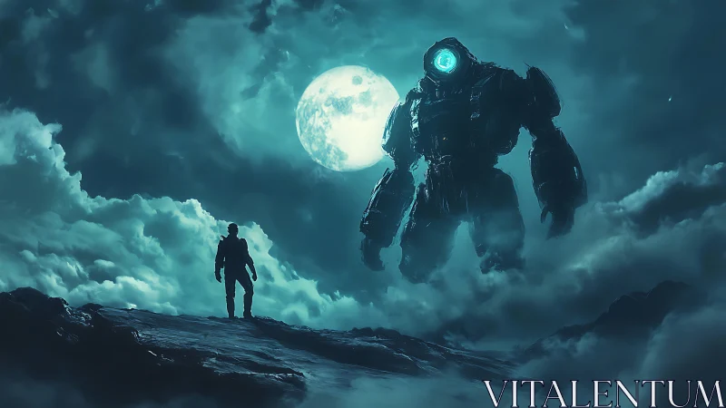 Lone explorer confronting luminous mech titan under moonlit clouds