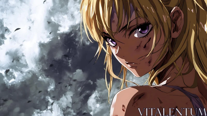 Battle-worn anime girl stares back against stormy sky
