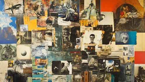 Layered collage of portraits, textures and urban scenes.