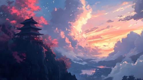Clifftop temple overlooks glowing sunset sky above valley