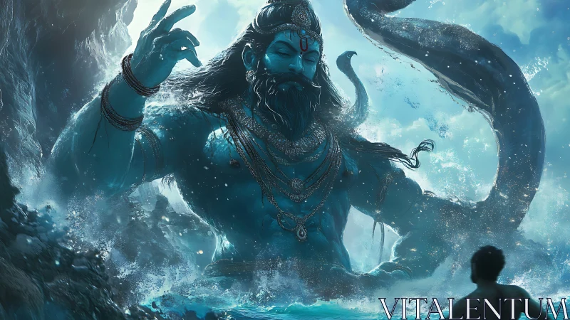 Ocean god rises from storm waves confronting lone swimmer