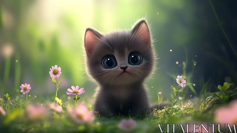 Digitally Rendered Juvenile Feline with Exaggerated Ocular Features in Bokeh-Rich Environment