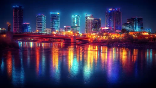 Neon riverfront skyline humming under electric midnight glow.