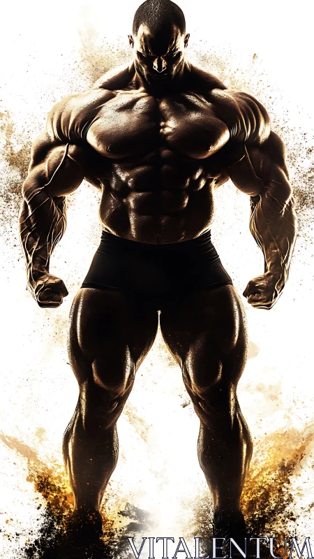 Thunderous bodybuilder rising from swirling golden dust.