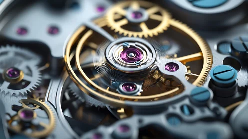 Intricate watch movement in jewel-toned macro detail.