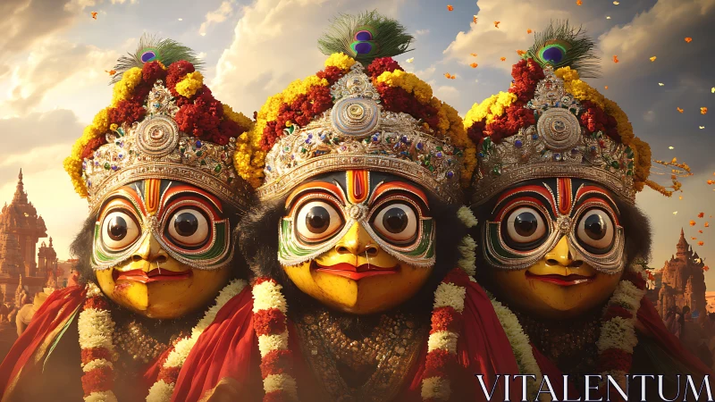 Festival-eyed deities beaming under marigold crowns at dusk.