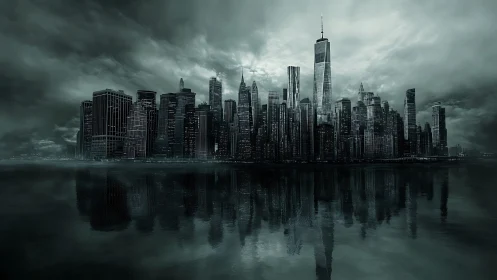 Storm-lit skyline broods while mirrored towers haunt the bay