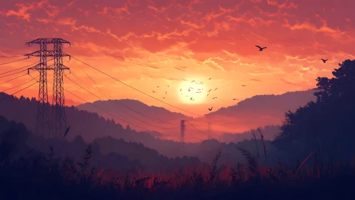 Sunset-lit transmission towers intersect layered mountain silhouettes