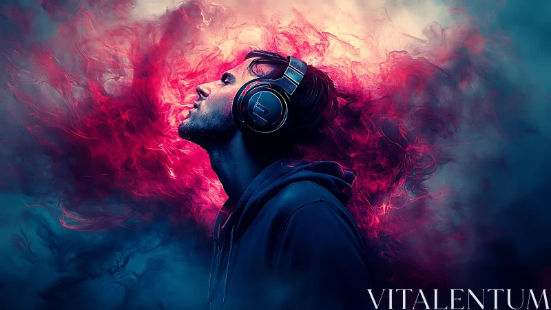 Side-profile listener in hoodie immersed in neon vapor soundscape