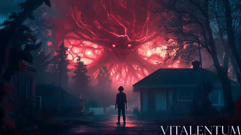 Stormy red sky monster looms over a brave small-town kid.