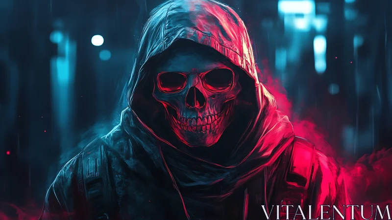 Hooded skull figure glows in neon red and cyan foggy alley