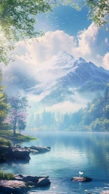 Snow-capped alpine massif above misted, refractive lake basin.