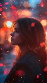 Side profile portrait amid bokeh lights and drifting petals