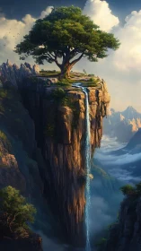 Solitary tree on high cliff with vertical waterfall flow.