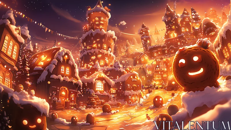 Gingerbread hillsides glow while cookie snowmen grin wide