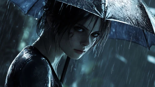 Brooding woman in rain under umbrella, cinematic night portrait.