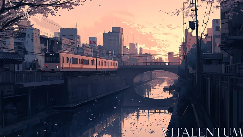 Urban commuter train passes canal under diffuse sunset light