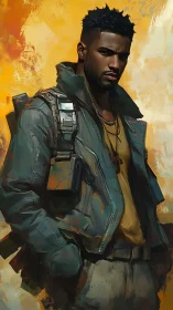 Brooding sci fi soldier stands against blazing abstract sky