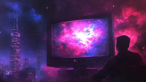 Retro CRT screen projects nebula against neon cyberpunk skyline