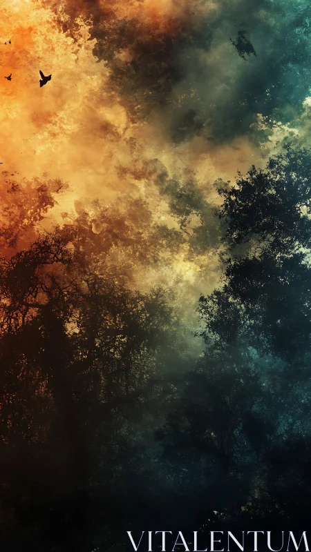 Moody forest canopy under dramatic fiery and teal sky.