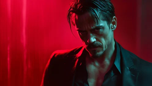 Smoldering antihero under fever-red neon suspicion.