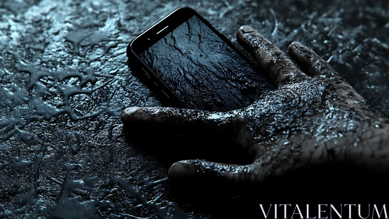 Wet asphalt hand gripping reflective smartphone surface.