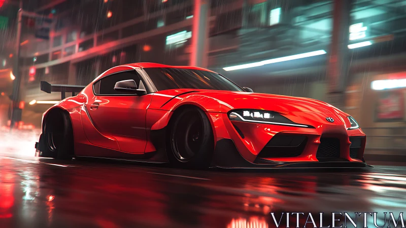 Red widebody sports coupe slices through neon rain streets