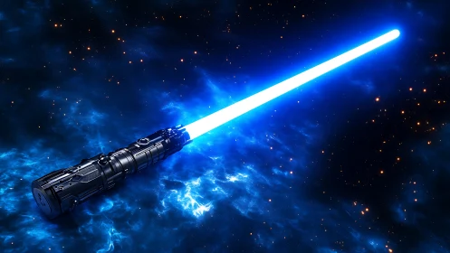 Blue energy sword glows over electric nebula field.
