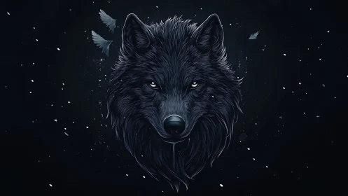 Midnight wolf spirit stares through snow and broken wings.