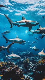 Sharks cruising above coral reef in clear blue ocean.