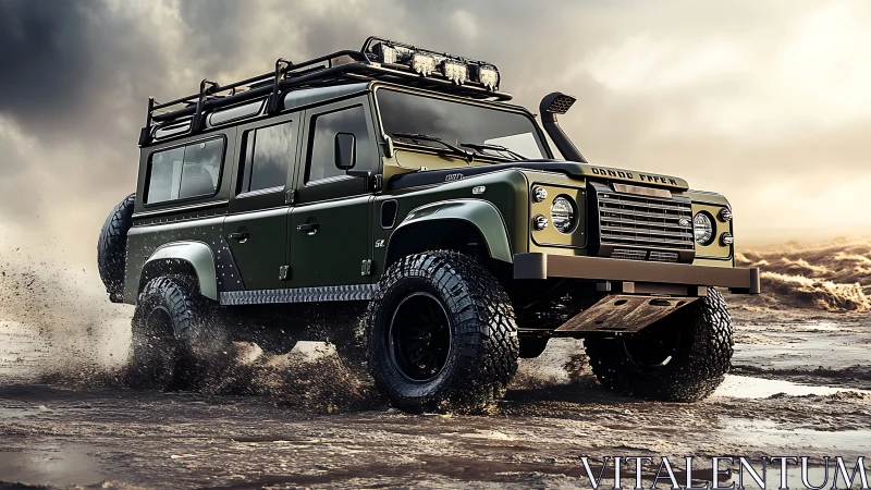 Off-road expedition SUV charging through wet desert mud.