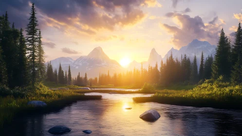 Sunlit alpine river valley with conifer forest and peaks.