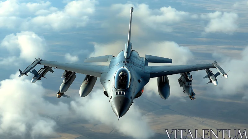 Frontline fighter jet cutting through high-altitude clouds.