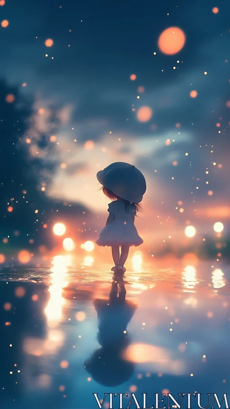 Dreamy child silhouette over glowing twilight water.