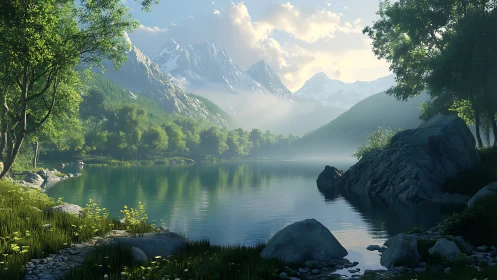 Emerald lake cradled by misty mountains and waking light.