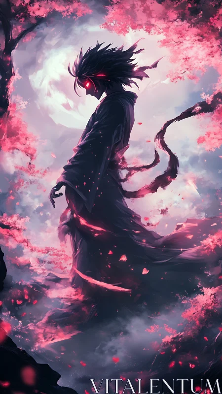 Silhouetted figure stands beneath luminous moon and blossoms