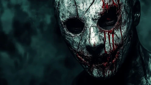Bloodstained cracked mask on shadowed horror portrait.
