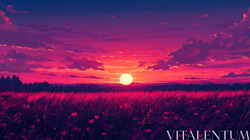 Crimson dusk sun sinking over neon-kissed wildflower meadow.