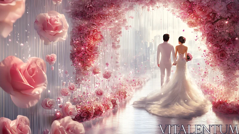 Bride and groom on reflective aisle under pink floral arch.