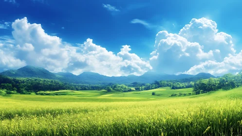 Layered rural fields under cumulus clouds and low hills.