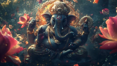 Digital painting of luminous seated Ganesha amid lotus bloom.