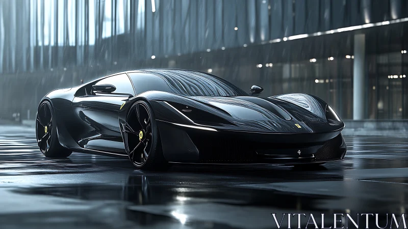 Low-angle render of wet-surfaced black hypercar in reflective rain