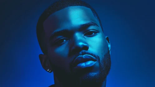 Monochrome cyan portrait under high contrast directional lighting.