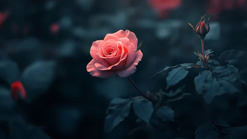 Pink rose bloom isolated against dark blue bokeh background