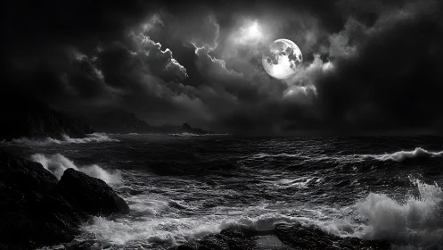 Lunar-illuminated storm sea dramatizes high-contrast nocturnal seascape