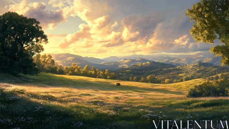 Sunlit valley meadow where quiet hills drink golden sky.